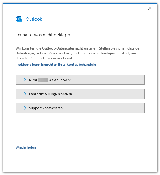 Screenshot der Outlook Fehlermeldung "Da hat etwas nicht geklappt"